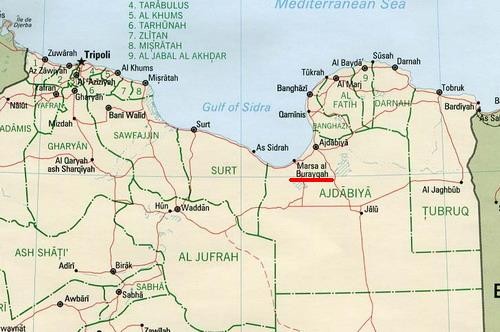 Mapa północnej części Libii, z zaznaczoną miejscowością Bujarka