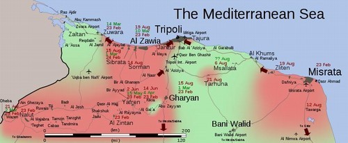 Mapa Trypolitanii z zaznaczonymi na czerwono terenami kontrolowanymi przez rebeliantów i datami zajęcia poszczególnych miejscowości