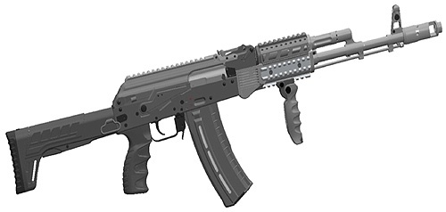 Projekt najbardziej zaawansowanej modernizacji AK-74, obejmującej m.in. zestaw szyn montażowych mocowany w miejscu łoża i nakładki na rurę gazową, składaną kolbę o regulowanej długości stopki i magazynek z oknem pozwalającym kontrolować liczbę pozostałej amunicji / Rysunek: Iżmasz