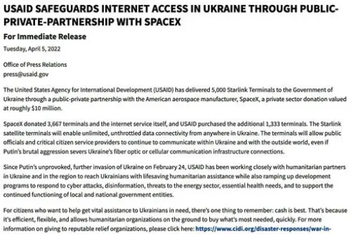Starlink dla Ukrainy za pieniądze USAID